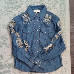 Carolina K Embellished Denim Shirt with Gold Accents